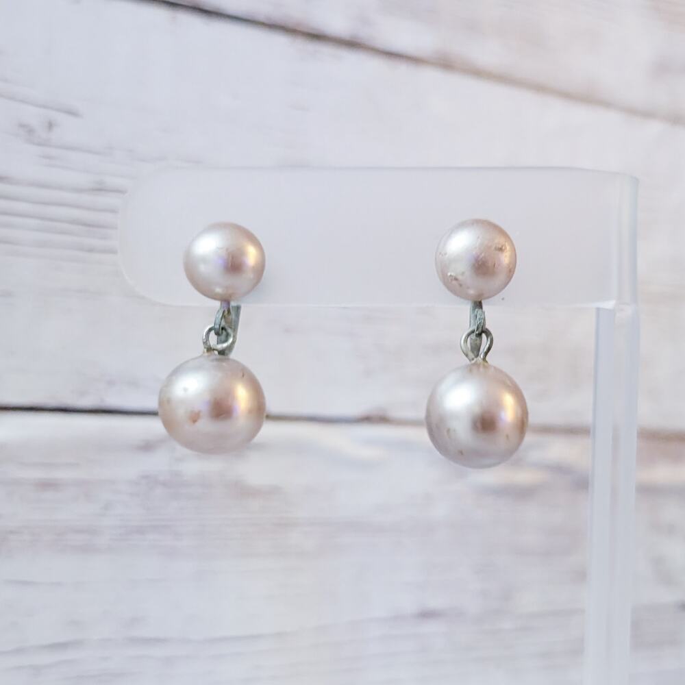 Vintage Screw Back Earrings Dark Pearlescent Ball Duo - Condition Issues